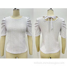 Embroidered Round Neck Puff Sleeve Women's Top